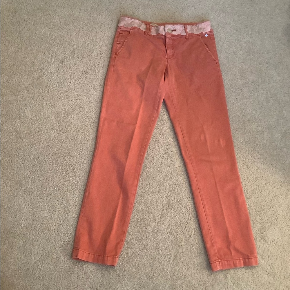 Anthropologie Pilcro Hyphen Fit Crochet Waistband Coral Chino Pants Sz 27/4 Sm